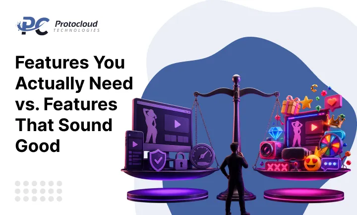 Comparison of essential vs unnecessary adult website features with digital balance scale and entertainment platform elements
