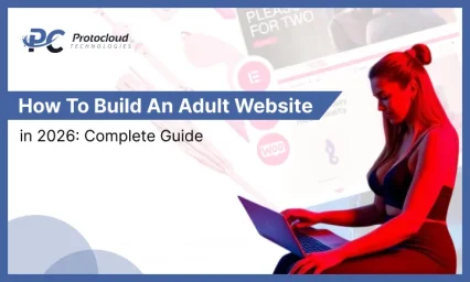 A woman using a laptop sits in front of an adult website interface; text reads 