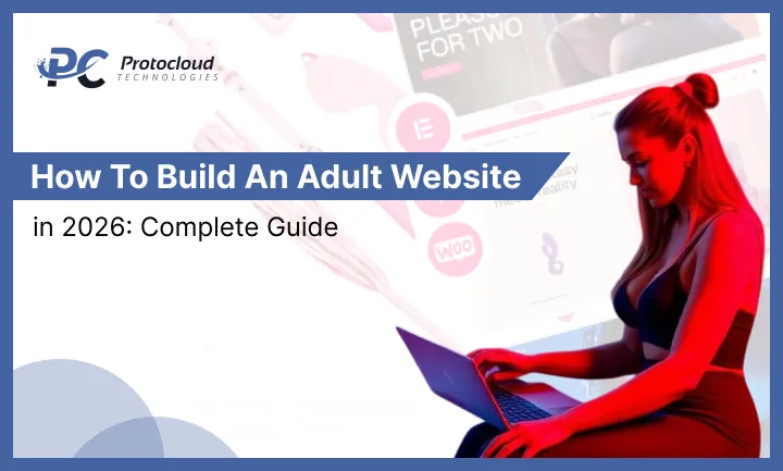 A woman using a laptop sits in front of an adult website interface; text reads "How To Build An Adult Website in 2026: Complete Guide" with the Protocloud Technologies logo.