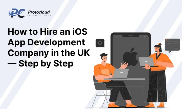 Step-by-step guide to hiring an iOS app development company in the UK with developers and Apple device illustration