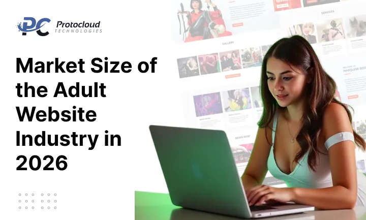 Market size of the adult website industry in 2026 with woman using laptop and adult platform interface in background