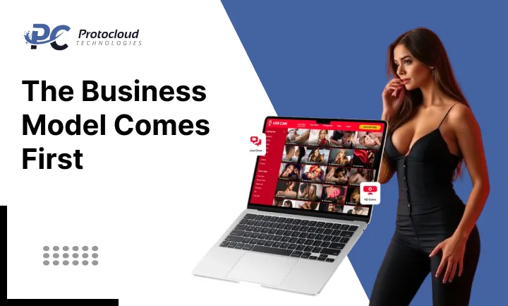 Adult website business model concept with live streaming platform on laptop and creator standing beside screen