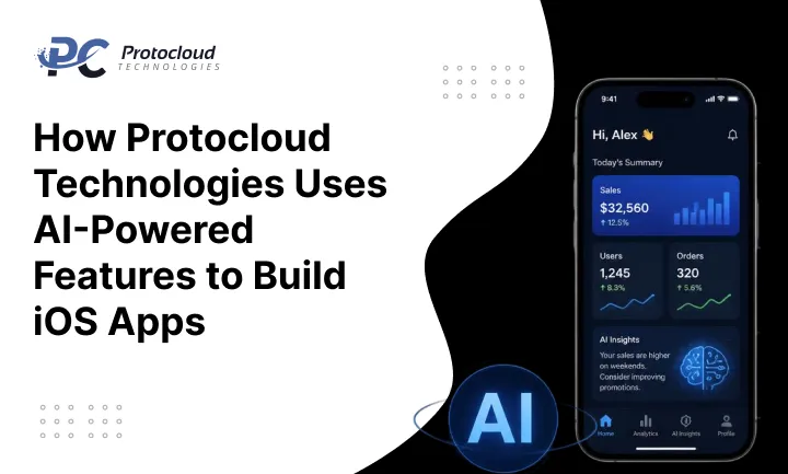 AI-powered iOS app development services by Protocloud Technologies with analytics dashboard and smartphone UI